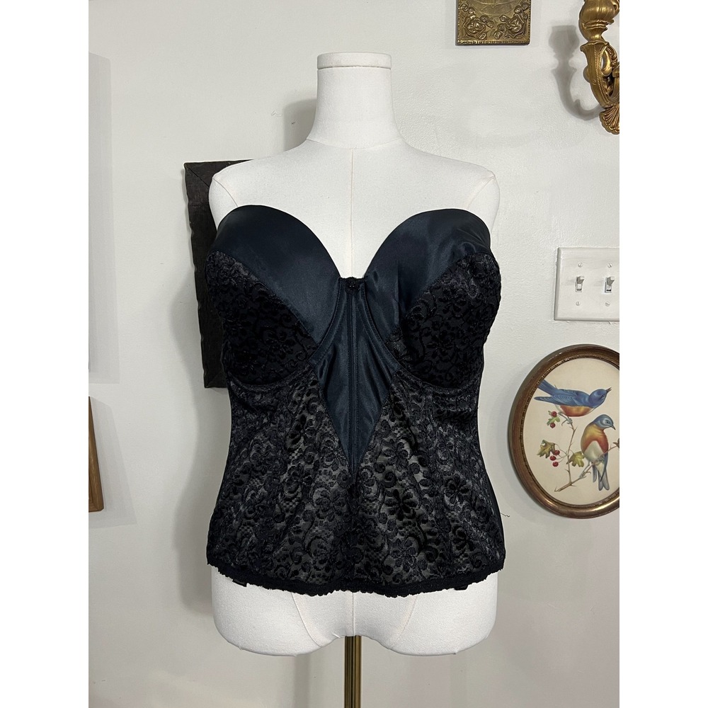 Vintage Carnival Black Lace Longline Bustier Corset Bra Size 44DD